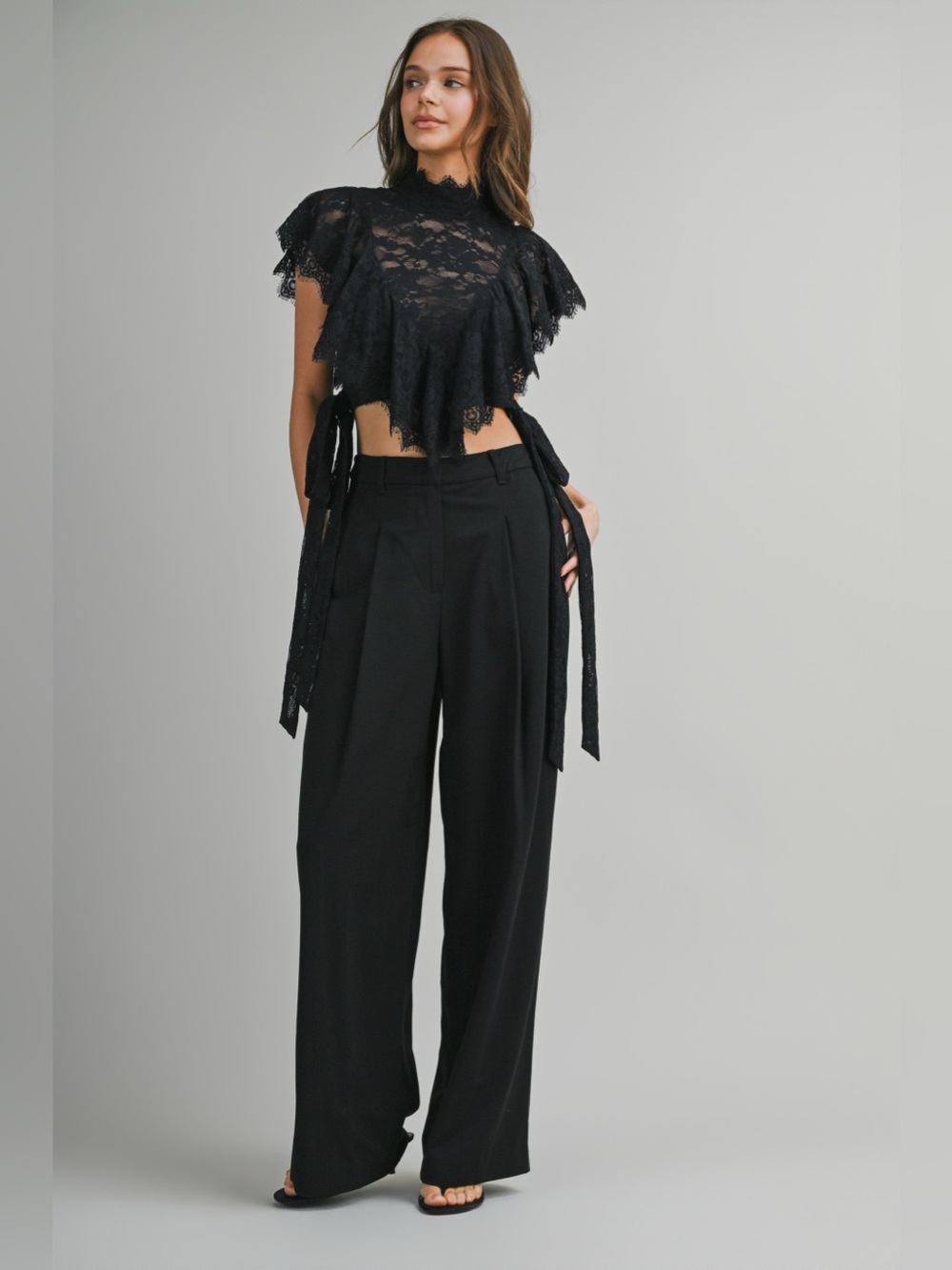 Catherine Ruffled Lace Black Crop Top - Picture 5 of 12